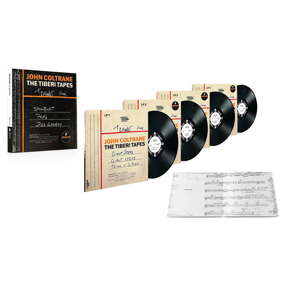 John Coltrane 'The Tiberi Tapes' vinyl record set displayed on a white background, including the black vinyl records, cream-colored sleeve covers, sheet music, and a black-and-orange book-style case.