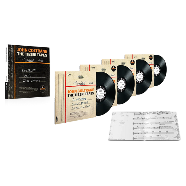 John Coltrane 'The Tiberi Tapes' vinyl record set displayed on a white background, including the black vinyl records, cream-colored sleeve covers, sheet music, and a black-and-orange book-style case.