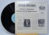 Vinyl record with back cover featuring speeches by John F. Kennedy and Franklin D. Roosevelt on a light gray background.