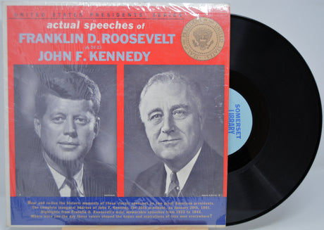 Vinyl record with cover featuring portraits of Franklin D. Roosevelt and John F. Kennedy on a gray background.
