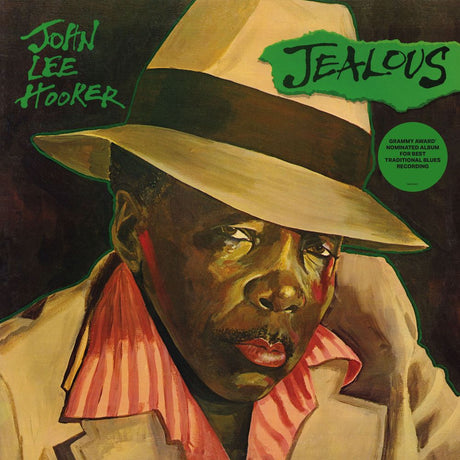 Album cover art for John Lee Hooker's 'Jealous', featuring a painted portrait of the artist in a light-colored fedora and striped shirt, with green title text and a green circular sticker on a dark background.