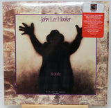 Vinyl record album cover for John Lee Hooker's 'The Healer' on a wooden display stand. The cover features a black silhouette of a figure with raised arms against a pale background, framed by a purple border and a brown marbled outer border.