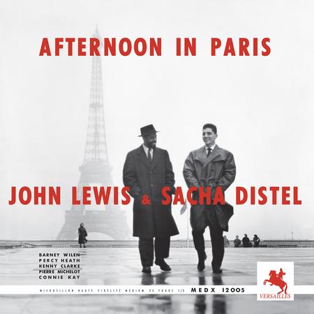 Album cover for 'Afternoon in Paris' by John Lewis & Sacha Distel with two men walking in front of the Eiffel Tower.