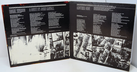 Album cover with text and black and white photos on a white background