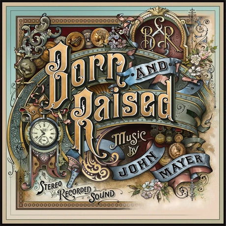 Album cover for 'Born and Raised' by John Mayer with decorative text and symbols.