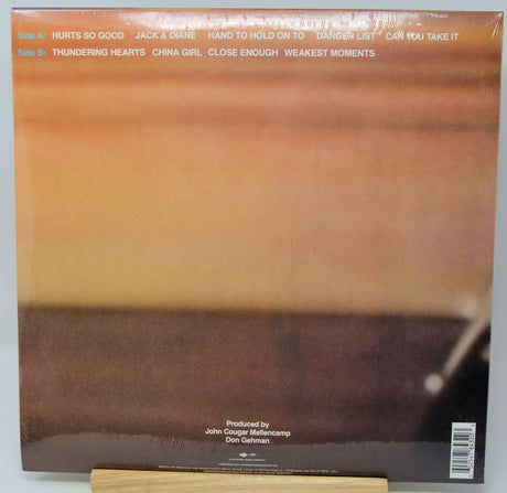 Back cover of a vinyl record sleeve for Donna Summer's 'Hot Stuff', displayed on a wooden stand. The cover features a warm gradient of orange, yellow, and brown, with tracklist text at the top and credits at the bottom.