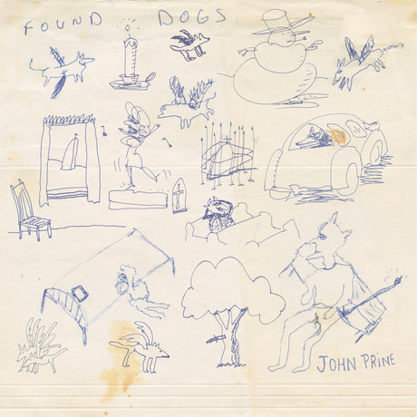 Illustrations of various scenes and objects on a textured paper background with 'Found Dogs' and 'John Prine' text.