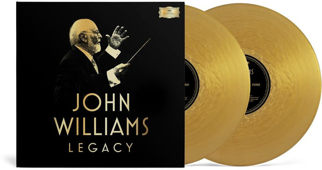Black vinyl record album cover for John Williams 'Legacy' with two gold records partially visible behind it on a white background.