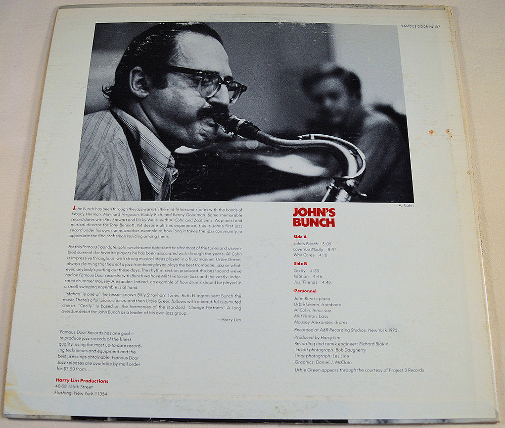 Back cover of John's Bunch LP featuring Al Cohn playing saxophone and album details