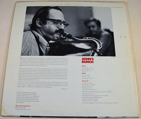 Back cover of John's Bunch LP featuring Al Cohn playing saxophone and album details