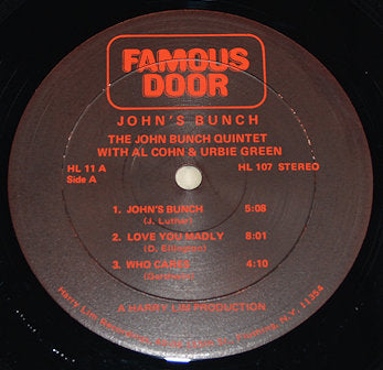 Record label of John's Bunch by The John Bunch Quintet on Famous Door Records