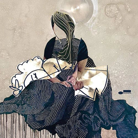 Collage art with abstract patterns and shapes on a textured beige background