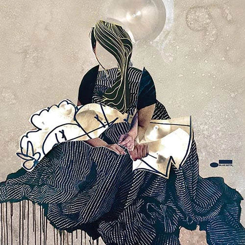 Collage art with abstract patterns and shapes on a textured beige background