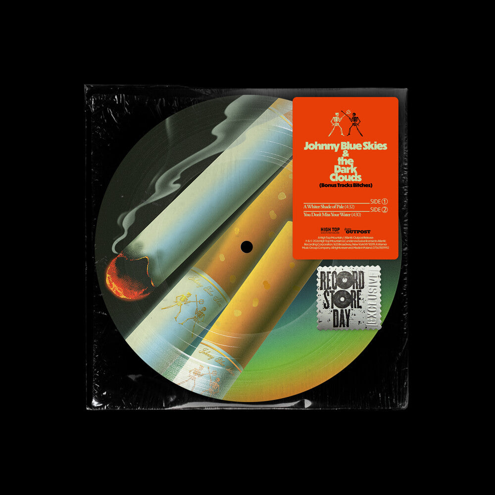 Vinyl record with a colorful Cigarettes design and an orange label on a black background
