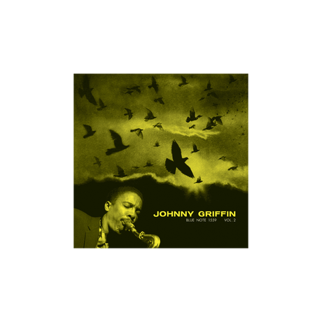 Close-up of Johnny Griffin Vol. 2 Blue Note album cover featuring Griffin on saxophone and a flock of birds on a yellow background