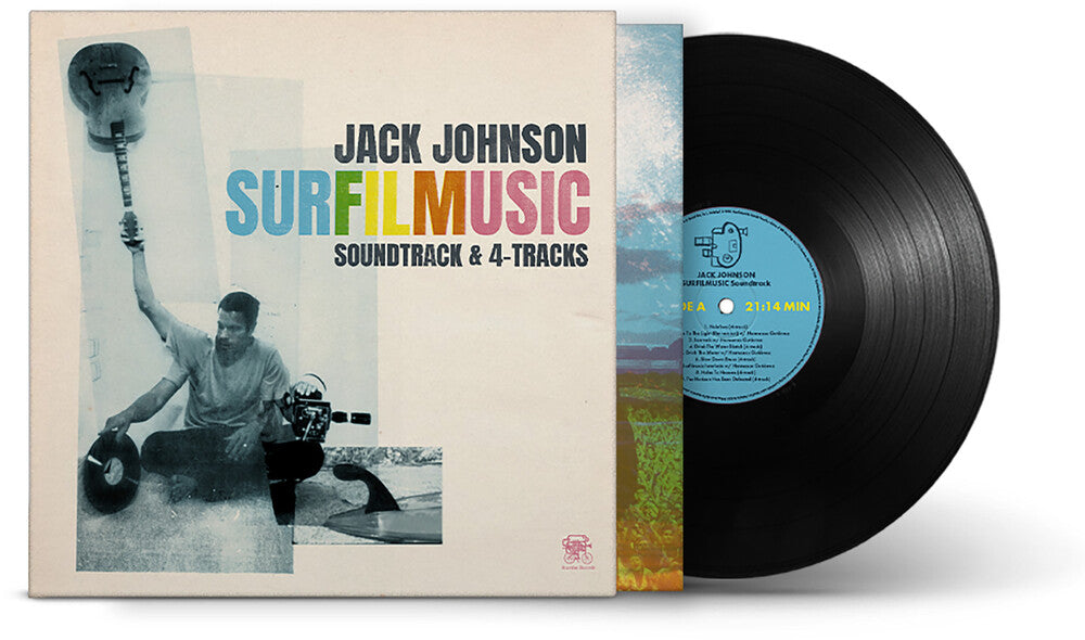 Vinyl record and cover for 'Surf Film Music' by Jack Johnson on a white background