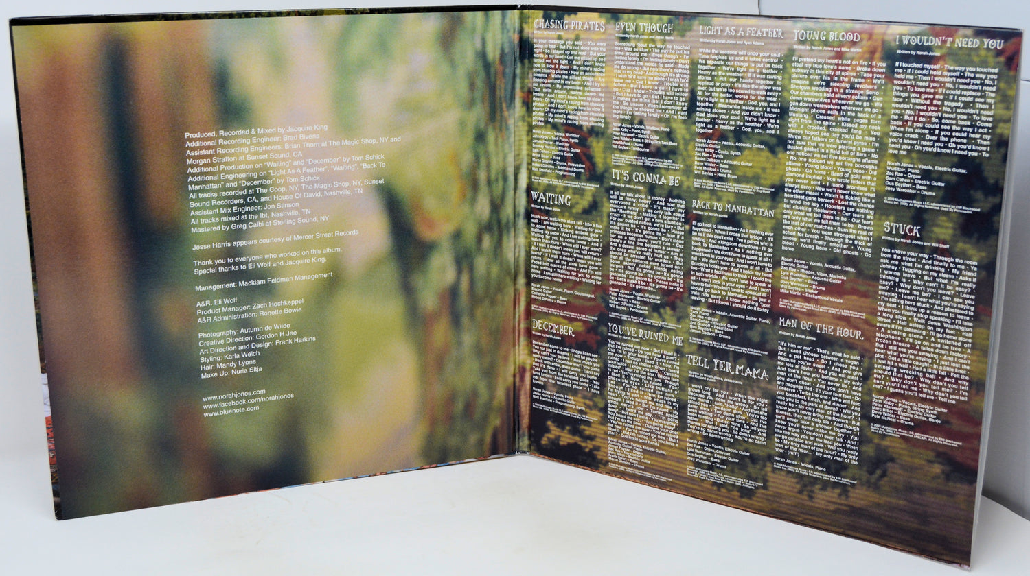 An open printed booklet or album-style book spread on a white surface, showing two printed pages with blurred forest imagery and dense text blocks. No person or real environment is present beyond the tabletop, so this is Product/Packaging rather than Lifestyle.