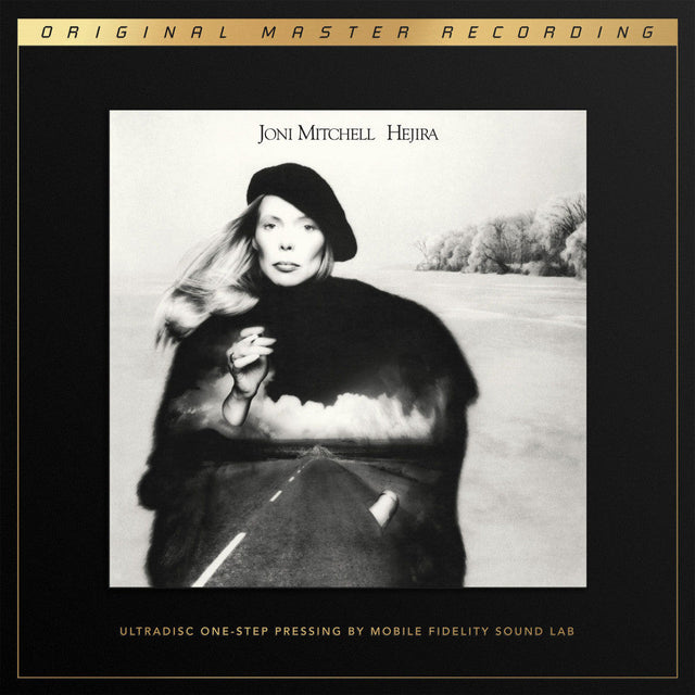 Joni Mitchell Hejira album cover featuring black and white portrait with surreal road imagery