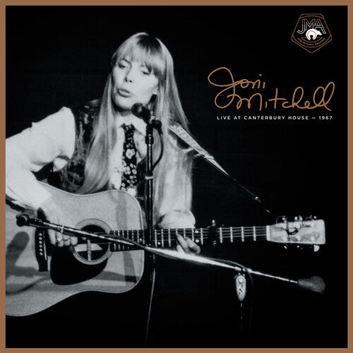 Black and white photo of Joni Mitchell playing guitar with text 'Joni Mitchell Live at Canterbury House 1967' on a dark background.