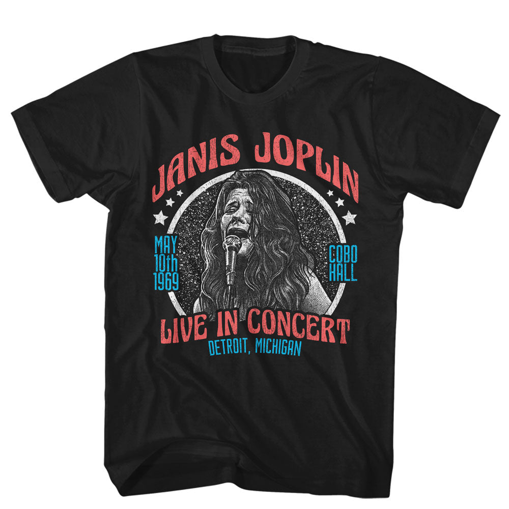 Black t-shirt with Janis Joplin graphic and text on a white background