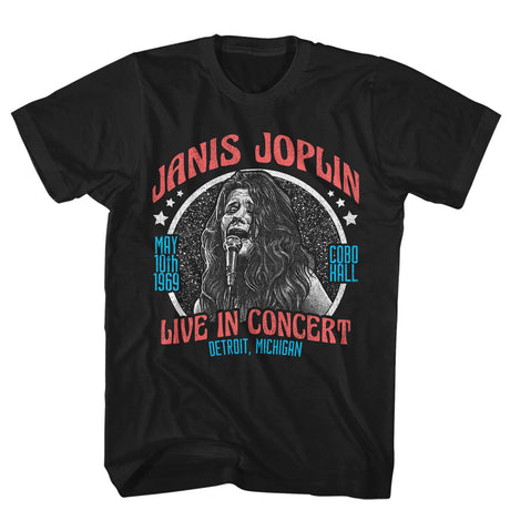 Black t-shirt with Janis Joplin graphic and text on a white background