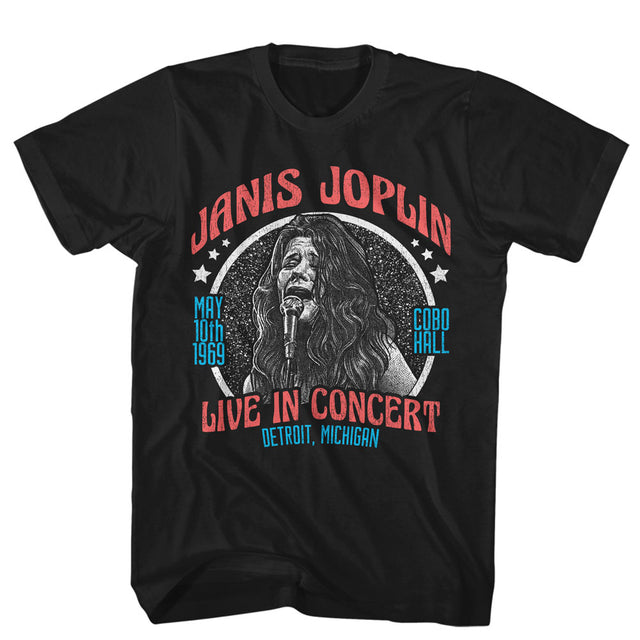 Black t-shirt with Janis Joplin graphic and text on a white background