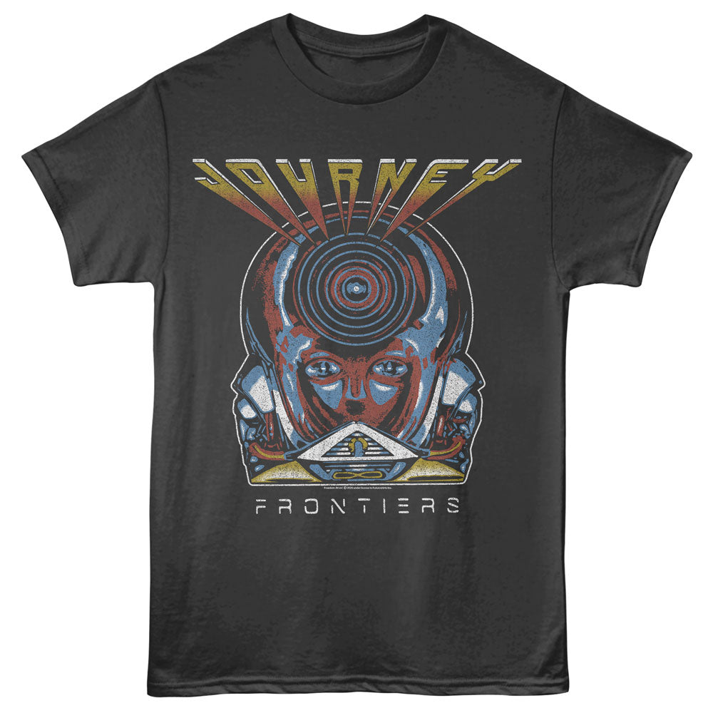 Black t-shirt featuring Journey Frontiers album cover art with futuristic face and colorful design