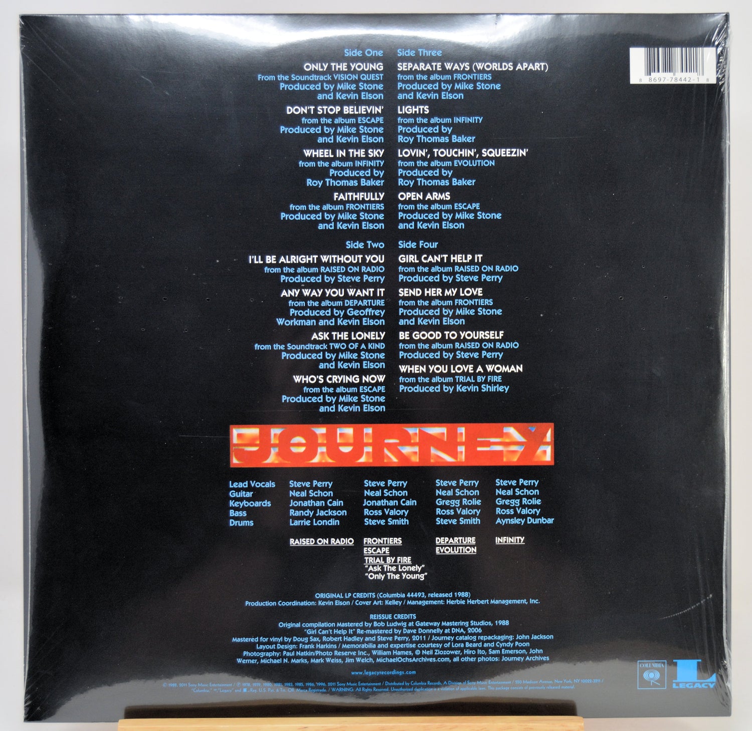 The back cover of the Journey vinyl record, sealed in plastic shrink-wrap. The cover is predominantly black with white and blue text listing the album's tracks, a large red and orange 'JOURNEY' logo in the center, and a barcode in the top right corner.