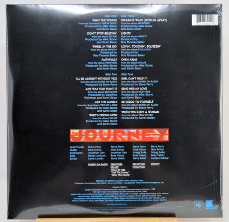 The back cover of the Journey vinyl record, sealed in plastic shrink-wrap. The cover is predominantly black with white and blue text listing the album's tracks, a large red and orange 'JOURNEY' logo in the center, and a barcode in the top right corner.