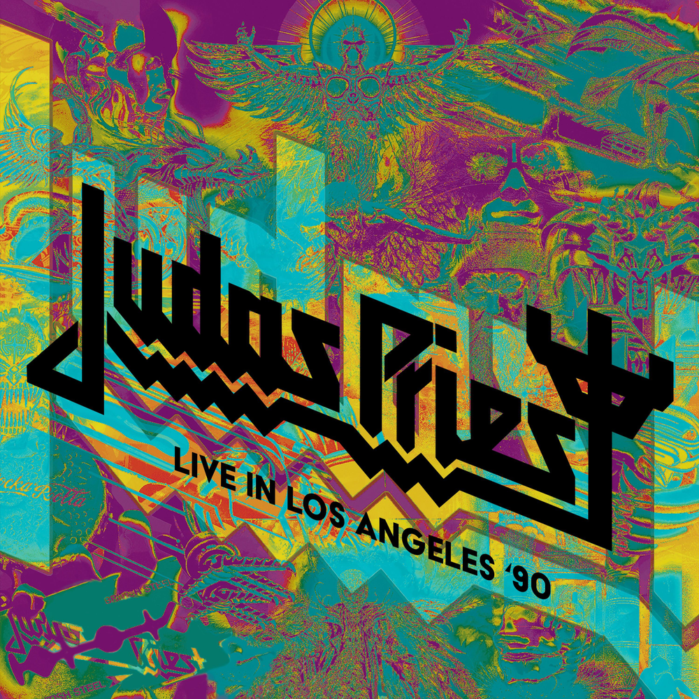 Album cover for 'Judas Priest Live in Los Angeles 90' with colorful abstract design.