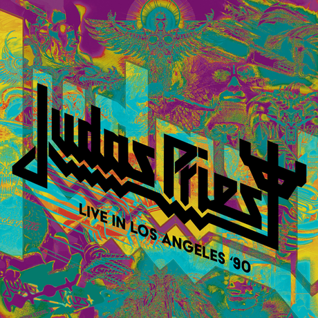 Album cover for 'Judas Priest Live in Los Angeles 90' with colorful abstract design.