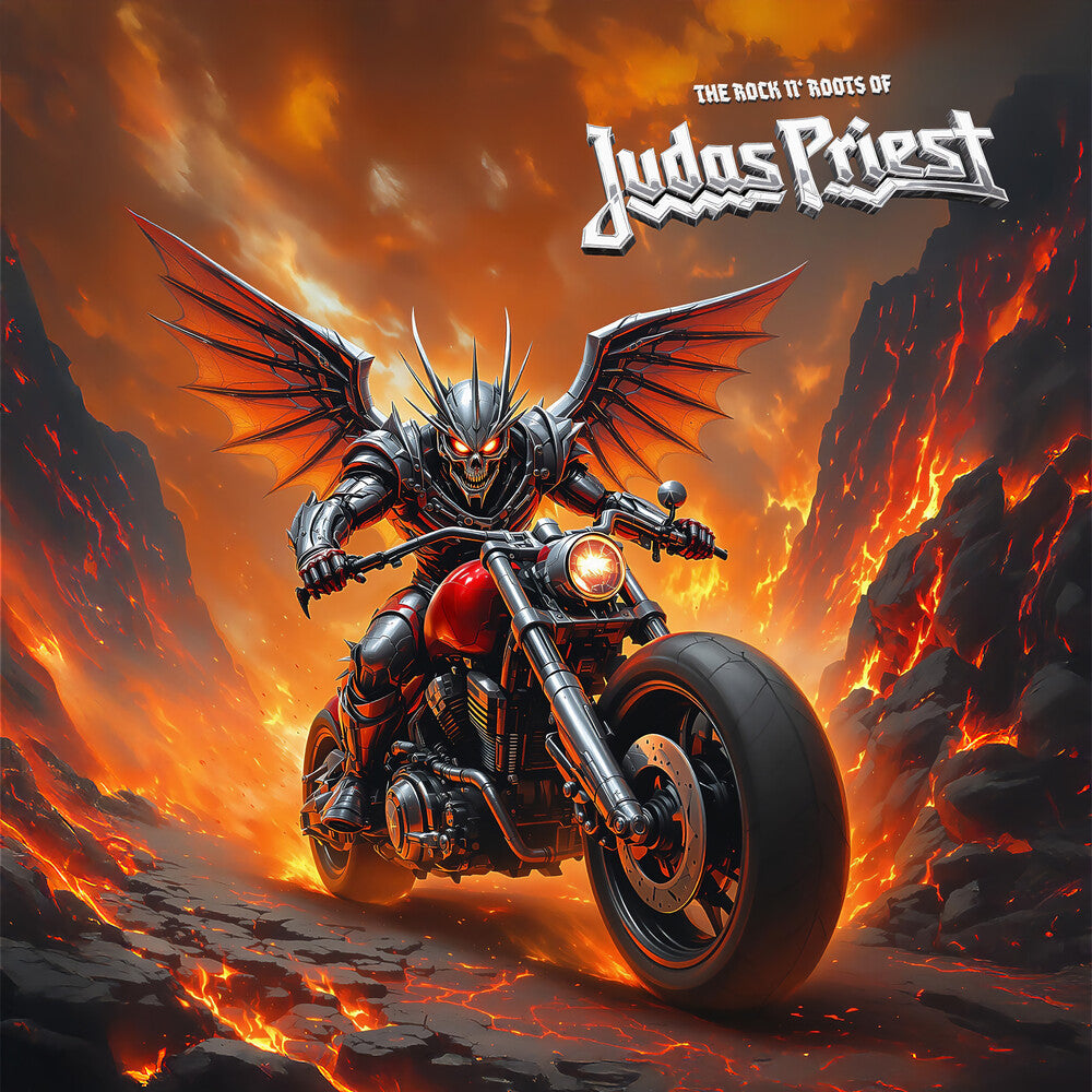 Person on a motorcycle with wings against a fiery background, featuring the text 'The Rock N' Roots of Judas Priest'.