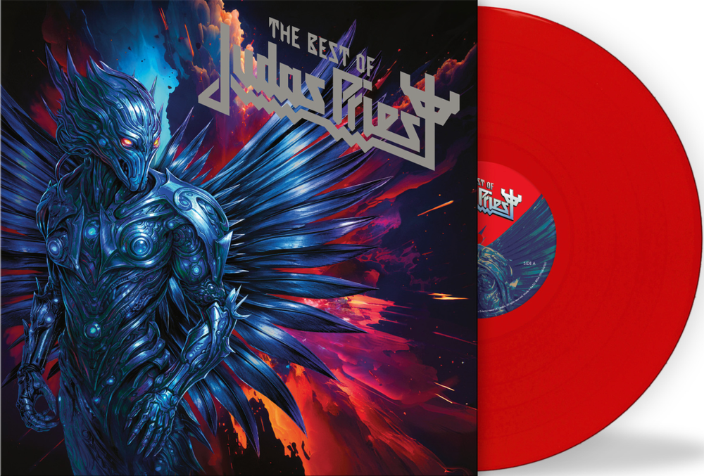 Vinyl record with a fantasy-themed cover featuring a blue and red design, resembling a dragon or angel, and the text 'The Best of Judas Priest' on a black background.