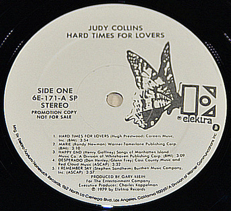 Record label for Judy Collins' Hard Times For Lovers vinyl LP Side One