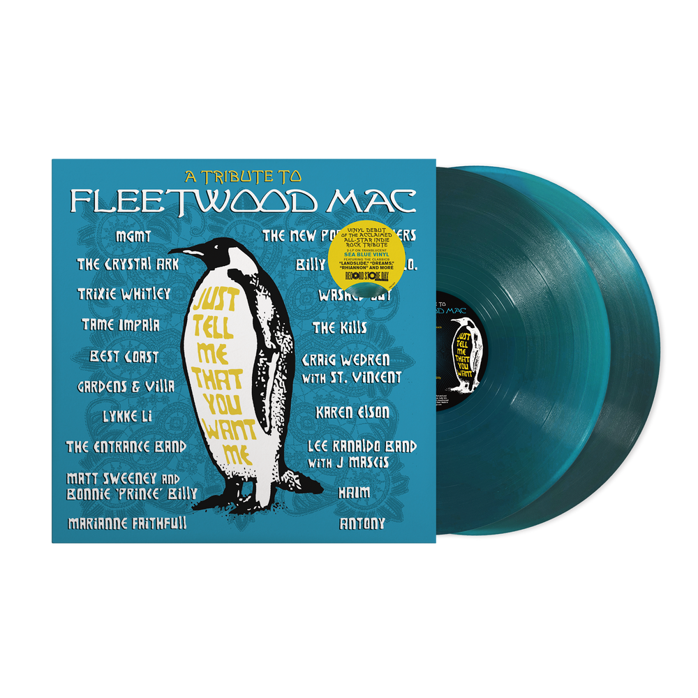 Vinyl record with blue cover featuring a penguin illustration and text, on a black background.