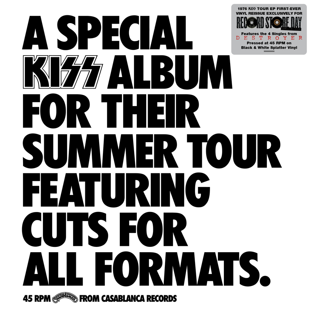 Promotional text for a KISS album related to their summer tour, featuring a 45 RPM record and Casablanca Records branding.