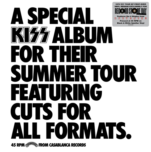 Promotional text for a KISS album related to their summer tour, featuring a 45 RPM record and Casablanca Records branding.
