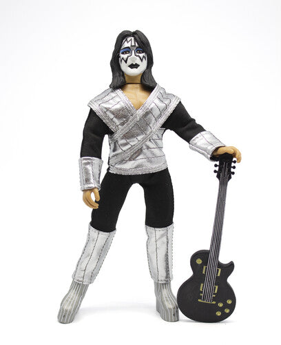 Action figure of a musician with a silver outfit and black guitar on a white background