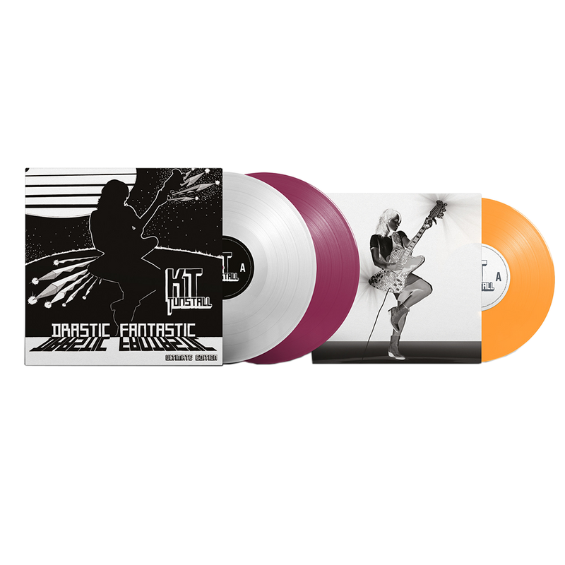 Vinyl records with colorful sleeves and a guitar player design on a white background