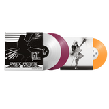 Vinyl records with colorful sleeves and a guitar player design on a white background