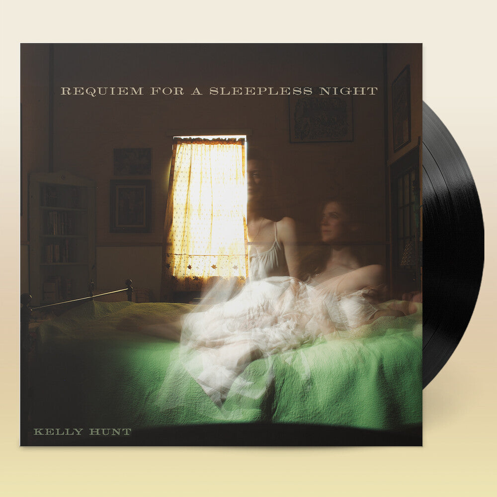 Kelly Hunt 'Requiem for a Sleepless Night' vinyl record album cover, showing a dark bedroom scene with a glowing window and a partially visible black record sleeve on a light beige background.