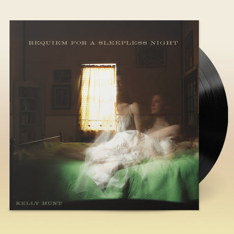 Kelly Hunt 'Requiem for a Sleepless Night' vinyl record album cover, showing a dark bedroom scene with a glowing window and a partially visible black record sleeve on a light beige background.