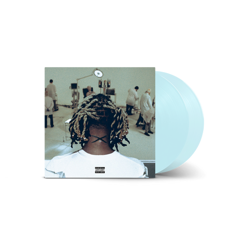 A vinyl record album shown on a clean white background, featuring a square album cover with a photograph of a person from behind and a translucent light blue vinyl record partially visible behind it.