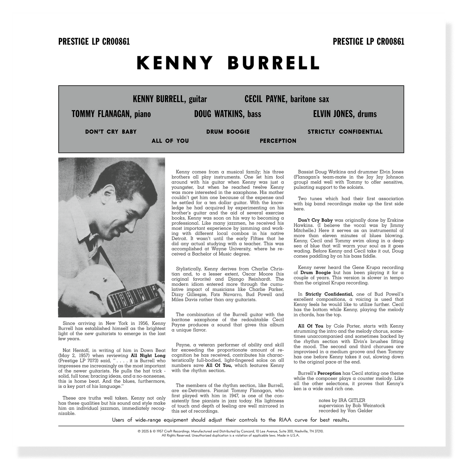 Album cover with Kenny Burrell and band members, featuring text and a black and white photo of a man playing guitar.