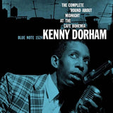 Album cover featuring a musician with text about 'Round About Midnight at the Cafe Bohemia' by Kenny Dorham.