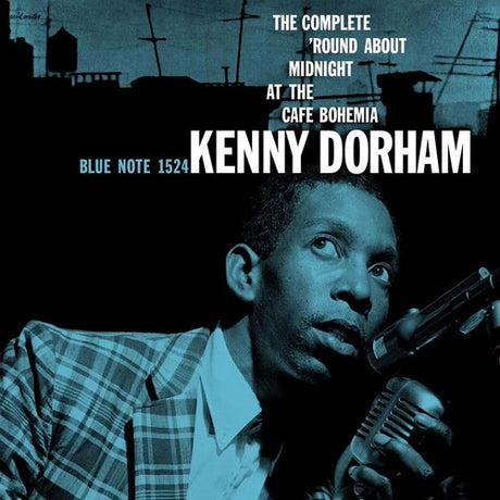 Album cover featuring a musician with text about 'Round About Midnight at the Cafe Bohemia' by Kenny Dorham.