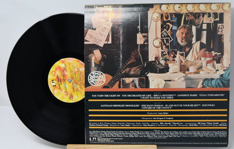 Back cover and vinyl record of Kenny Rogers' album with tracklist and dressing room scene