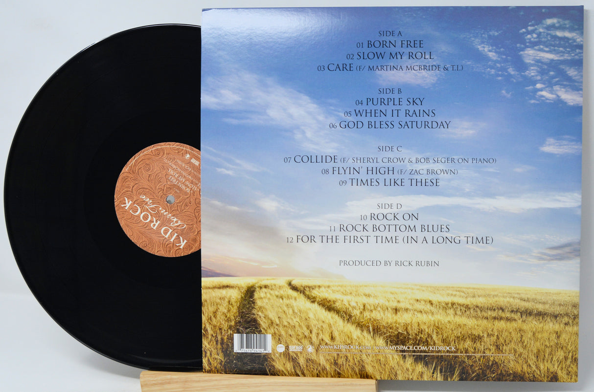 A vinyl record partially pulled from its sleeve, showing the black disc and the printed album cover art. The cover features a golden field under a blue sky with track listing text on the back.