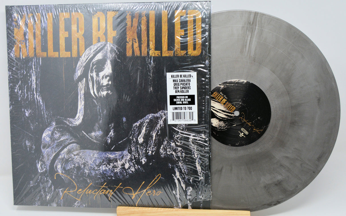 Front cover of Killer Be Killed Reluctant Hero LP with silver & black swirl limited edition vinyl