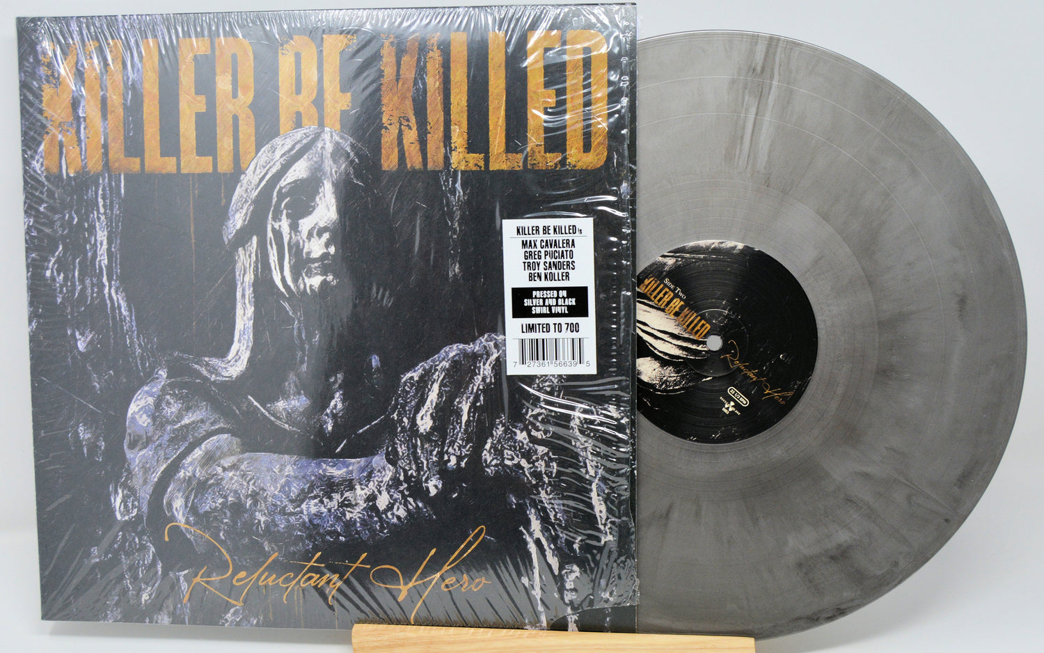 Front cover of Killer Be Killed Reluctant Hero LP with silver & black swirl limited edition vinyl